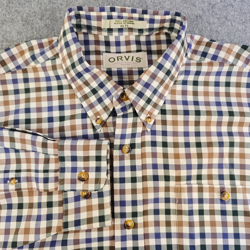 Orvis Mens XL Tall Button Down Shirt Blue Brown Green Check Long Sleeve Cotton